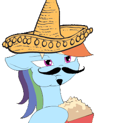 Size: 900x900 | Tagged: safe, artist:kanashiipanda, edit, rainbow dash, pegasus, pony, g4, animated, chewing, clothes, eating, facial hair, female, floppy ears, food, frame by frame, gif, hat, mare, mousdash, moustache, popcorn, simple background, solo, sombrero, transparent background