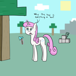 Size: 1600x1600 | Tagged: safe, artist:joey, twinkleshine, pony, unicorn, g4, :<, axe, creeper (minecraft), crossover, dialogue, diamond axe, female, levitation, magic, mare, minecraft, solo, telekinesis, this will end in explosions, tree