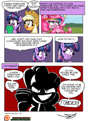 Size: 5100x7014 | Tagged: safe, artist:ringteam, applejack, pinkie pie, twilight sparkle, pony, g4, party pooped, absurd resolution, comic, forever, hat, not creepy, paranoia fuel, party cave, patreon, patreon logo, umbrella hat