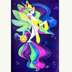 Size: 750x750 | Tagged: safe, artist:antych, princess celestia, alicorn, seapony (g4), g4, my little pony: the movie, blue background, bubble, clothes, crown, cute, digital art, dorsal fin, ethereal mane, ethereal tail, female, fin wings, fish tail, flowing mane, flowing tail, gem, hoof shoes, horn, instagram, jewelry, looking at you, looking up, marker drawing, ocean, peytral, purple eyes, regalia, scales, sealestia, seaponified, seapony celestia, see-through, show accurate, signature, simple background, smiling, solo, species swap, spread wings, swimming, tail, traditional art, underwater, water, wings