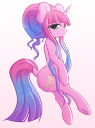 Size: 1280x1733 | Tagged: safe, artist:fluffymaiden, oc, oc only, oc:sugar lace, pony, unicorn, semi-anthro, dock, female, gradient background, gradient mane, looking at you, mare, simple background, smiling, solo, white background