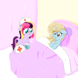 Size: 4000x4000 | Tagged: safe, artist:luciusheart, oc, oc only, oc:kelly, oc:lucy softheart, pony, cute, eye clipping through hair, nurse, resting, sick