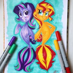 Size: 750x750 | Tagged: safe, artist:antych, starlight glimmer, sunset shimmer, seapony (g4), unicorn, g4, my little pony: the movie, blue eyes, blushing, bubble, cute, dorsal fin, duo, duo female, female, fin, fish tail, flowing mane, flowing tail, holding hooves, horn, instagram, looking at you, mare, marker drawing, markers, not fiery shimmer, ocean, purple eyes, scales, seaponified, seapony starlight glimmer, seapony sunset, signature, smiling, smiling at you, species swap, tail, traditional art, underwater, water