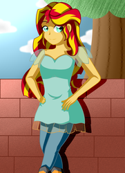 Size: 1300x1800 | Tagged: safe, artist:xhimemikoyukix, sunset shimmer, equestria girls, g4, brick wall, clothes, female, pants, smiling, solo