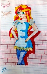 Size: 1908x3001 | Tagged: safe, artist:xhimemikoyukix, sunset shimmer, equestria girls, g4, blushing, brick wall, clothes, female, human coloration, lined paper, smiling, solo, traditional art