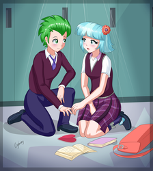 Size: 4058x4527 | Tagged: safe, artist:thebrokencog, coco pommel, spike, equestria girls, g4, absurd resolution, backpack, blushing, book, clothes, cocobetes, commission, crack shipping, crystal prep academy uniform, cute, duo, female, flower, flower in hair, heart, high heels, human coloration, lockers, male, necktie, pants, pleated skirt, school, school uniform, ship:cocospike, shipping, shoes, skirt, skirt pull, socks, spikabetes, straight