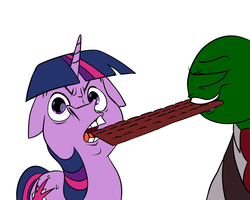 Size: 1500x1200 | Tagged: safe, artist:anontheanon, twilight sparkle, oc, oc:anon, human, pony, unicorn, g4, /mlp/, chocolate, drawthread, faic, food, looking at you, mouth hold, necktie, open mouth, ponified animal photo, simple background, smug, teeth, wat, white background