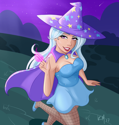 Size: 1000x1050 | Tagged: safe, artist:emberfan11, trixie, human, g4, breasts, busty trixie, cleavage, clothes, dress, female, fishnet stockings, humanized, magic glow, shooting star, solo