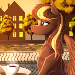 Size: 2000x2000 | Tagged: safe, artist:twotail813, oc, oc only, pegasus, pony, rcf community, bust, evening, female, fluffy, food, high res, mare, profile, river, scenery, solo, tea, town