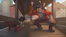 Size: 4000x2250 | Tagged: safe, artist:marsminer, oc, oc only, oc:keith, human, 2fort, bridge, colt, crossover, engineer, engineer (tf2), male, question mark, team fortress 2