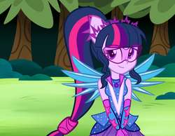 Size: 980x760 | Tagged: dead source, safe, artist:wubcakeva, sci-twi, twilight sparkle, equestria girls, g4, my little pony equestria girls: legend of everfree, clothes, crystal guardian, crystal wings, cute, dress, female, glasses, ponied up, ponytail, sci-twilicorn, solo, super ponied up, tree, twiabetes, visor, wings