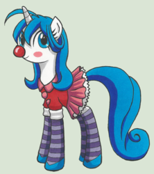 Size: 1464x1652 | Tagged: safe, artist:tf-circus, oc, oc only, oc:sasha smiles, pony, unicorn, blue hair, clothes, clown, clown nose, cute, dress, horn, ponified, red nose, simple background, socks, solo, striped socks, traditional art, unicorn oc