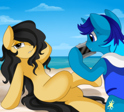 Size: 2445x2212 | Tagged: safe, artist:pridark, derpibooru exclusive, oc, oc only, oc:light shine, oc:terra, earth pony, pony, unicorn, beach, camera, cloud, commission, duo, female, hair over one eye, high res, male, mare, modeling, sky, stallion, sultry pose, terright