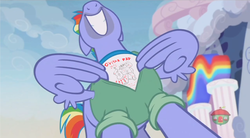 Size: 3392x1868 | Tagged: safe, edit, edited screencap, screencap, bow hothoof, pegasus, pony, g4, parental glideance, bow's t-shirt, greg universe, guitar dad, male, nose in the air, solo, steven universe, treehouse logo, volumetric mouth, wing hands