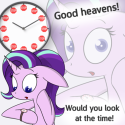 Size: 1000x1000 | Tagged: safe, artist:pandramodo, artist:pj-nsfw, starlight glimmer, pony, unicorn, g4, floppy ears, it's time to stop, just look at the time, look at the time, meme, open mouth, stop sign, watch, wristwatch, zoom layer