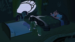 Size: 1280x720 | Tagged: safe, screencap, applejack, rarity, twilight sparkle, pony, g4, look before you sleep, bed, blackout, blanket, clock, dark, golden oaks library, night, pillow, spread arms, surprised