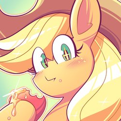 Size: 1200x1200 | Tagged: safe, artist:berryverrine, applejack, earth pony, pony, g4, apple, cute, eating, female, food, jackabetes, mugshot, solo, starry eyes, wingding eyes