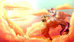 Size: 3200x1800 | Tagged: safe, artist:micky-ann, oc, oc only, pegasus, pony, cloud, commission, ear piercing, earring, female, jewelry, lesbian, mare, oc x oc, piercing, shipping, sky, smiling