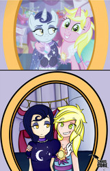 Size: 387x600 | Tagged: safe, artist:caoscore, moonlight raven, sunshine smiles, human, canterlot boutique, g4, clothes, cute, dress, humanized, over the moon, scene interpretation, sisters, tripping the light