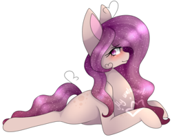 Size: 1467x1166 | Tagged: safe, artist:alithecat1989, oc, oc only, oc:pastel eclipse, earth pony, pony, blushing, female, mare, prone, simple background, solo, transparent background