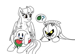 Size: 2388x1702 | Tagged: safe, artist:tillie-tmb, oc, oc:melon seed, pegasus, pony, puffball, crossover, female, food, kirby, kirby (series), mare, meta knight, monochrome, partial color, watermelon