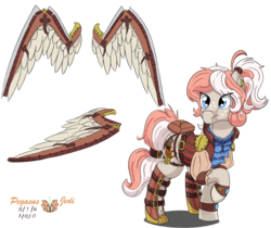 Size: 2378x2000 | Tagged: safe, artist:floofyfoxcomics, oc, oc only, oc:peppermint mocha (pegasusjedi), pegasus, pony, blade, clothes, female, high res, mare, raised hoof, solo, steampunk, weapon, wingblade, wings