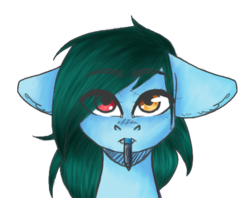 Size: 479x380 | Tagged: safe, artist:pinkcloudhugger, oc, oc only, oc:candy cloud, pony, bust, floppy ears, hair over one eye, heterochromia, mouth hold, pencil, portrait, simple background, solo, transparent background