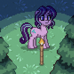 Size: 250x250 | Tagged: safe, starlight glimmer, pony, pony town, g4, animated, blinking, cloud, female, gif, grass, grimace, lidded eyes, night, pixel art, shocked, solo, thinking, torch, tree