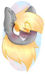 Size: 233x381 | Tagged: safe, artist:pegasusponysister, artist:pinkcloudhugger, derpy hooves, pegasus, pony, g4, abstract background, blushing, bust, colored pupils, disembodied head, ear fluff, eye clipping through hair, female, head, head only, portrait, smiling, solo