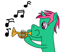 Size: 776x515 | Tagged: safe, artist:amateur-draw, oc, oc only, oc:belle boue, pony, unicorn, ms paint, music notes, musical instrument, simple background, trumpet, white background