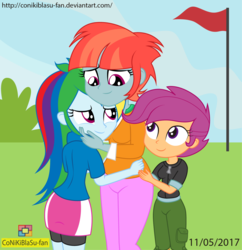 Size: 1157x1197 | Tagged: safe, artist:conikiblasu-fan, rainbow dash, scootaloo, windy whistles, equestria girls, g4, clothes, cute, cutealoo, daaaaaaaaaaaw, dashabetes, equestria girls-ified, female, flag, hug, looking at each other, looking at someone, mother and daughter, scootadoption, scootalove, siblings, sisters, smiling, smiling at each other, trio, wholesome, windybetes