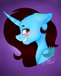 Size: 1885x2325 | Tagged: safe, artist:pinkcloudhugger, oc, oc only, oc:dess, pony, abstract background, bust, curved horn, horn, portrait, profile, solo