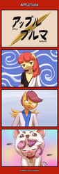 Size: 400x1180 | Tagged: safe, artist:lumineko, apple bloom, scootaloo, sweetie belle, dog, anthro, g4, 4koma, animal costume, anime, barking, blushing, clothes, collar, comic, costume, crossover, cutie mark crusaders, gintama, glasses, looking at you, pet tag