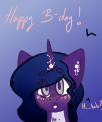 Size: 433x517 | Tagged: safe, artist:pinkcloudhugger, oc, oc only, oc:sophie, pony, birthday, bust, dialogue, portrait, solo