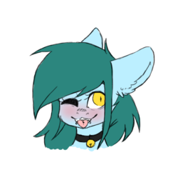 Size: 530x505 | Tagged: safe, artist:pinkcloudhugger, oc, oc only, oc:candy cloud, pony, :p, bell, bell collar, blushing, bust, collar, ear fluff, one eye closed, portrait, simple background, slit pupils, solo, tongue out, transparent background