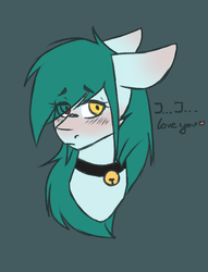 Size: 1504x1972 | Tagged: safe, artist:pinkcloudhugger, oc, oc only, oc:candy cloud, pony, bell, bell collar, blushing, bust, collar, dialogue, floppy ears, hair over one eye, heterochromia, portrait, simple background, solo