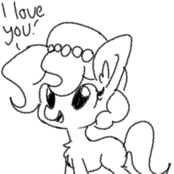 Size: 1280x1280 | Tagged: safe, artist:tjpones, oc, oc only, oc:brownie bun, earth pony, pony, horse wife, black and white, cute, dialogue, female, grayscale, i love you, mare, monochrome, ocbetes, open mouth, simple background, sketch, solo, white background
