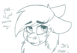 Size: 1041x730 | Tagged: safe, artist:pinkcloudhugger, oc, oc only, oc:candy cloud, pony, bust, crying, dialogue, floppy ears, lip piercing, monochrome, piercing, portrait, sad, solo