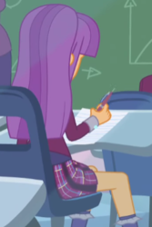 Size: 246x368 | Tagged: safe, screencap, ginger owlseye, equestria girls, g4, my little pony equestria girls: friendship games, background human, chalkboard, clothes, cropped, crystal prep academy uniform, female, pen, rear view, school uniform, socks, solo, what more is out there