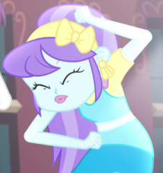 Size: 396x421 | Tagged: safe, screencap, aqua blossom, equestria girls, g4, my little pony equestria girls: friendship games, background human, canterlot high, cropped, ear piercing, earring, eyes closed, jewelry, piercing