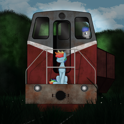 Size: 1024x1024 | Tagged: safe, artist:subway777, rainbow dash, oc, pegasus, pony, g4, duo, forest, narrow gauge, railroad, train