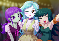 Size: 1200x838 | Tagged: safe, artist:uotapo, paisley, starlight, sweet leaf, human, equestria girls, g4, armpits, background human, blowing a kiss, blushing, breasts, choker, cleavage, clothes, cute, dress, eyes closed, fall formal outfits, female, jewelry, leaf, looking at you, necklace, one eye closed, shoulderless, smiling, trio, wink