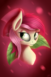 Size: 2977x4510 | Tagged: safe, artist:quefortia, roseluck, earth pony, pony, g4, bust, female, flower, high res, looking back, mare, portrait, rose, smiling, solo