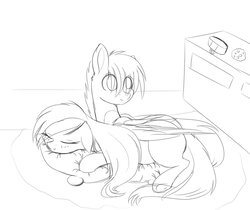 Size: 1024x860 | Tagged: safe, artist:php146, oc, oc only, oc:kurai chinmoku, oc:yeri, bat pony, pegasus, pony, eye clipping through hair, female, male, mare, monochrome, pillow, prone, sketch, sleeping, stallion