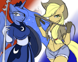 Size: 900x720 | Tagged: safe, artist:project00wolfen, applejack, princess luna, anthro, g4, abs, belly button, clothes, daisy dukes, dress, front knot midriff, gloves, jacket, midriff, shorts, sketchy, spear, weapon, whip