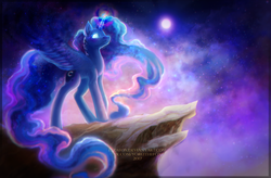 Size: 2640x1730 | Tagged: safe, artist:elzafox, princess luna, alicorn, pony, g4, cliff, female, glowing eyes, glowing horn, horn, mare, moon, night, solo, spread wings, stars, wings