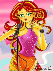 Size: 800x1065 | Tagged: safe, artist:8lunabianca8, sunset shimmer, equestria girls, g4, my little pony equestria girls: rainbow rocks, beautiful, clothes, cute, female, microphone, moe, nail polish, open mouth, shimmerbetes, singing, skirt, solo, sparkling, watermark, welcome to the show