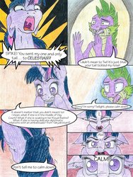 Size: 1024x1365 | Tagged: safe, artist:tillie-tmb, spike, twilight sparkle, alicorn, dragon, pony, comic:the amulet of shades, g4, comic, floppy ears, shrunken pupils, traditional art, twilight sparkle (alicorn)