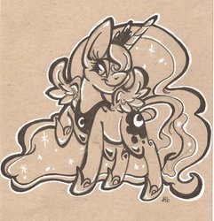 Size: 600x622 | Tagged: safe, artist:foxypickles, princess luna, pony, g4, female, monochrome, raised hoof, simple background, smiling, solo, spread wings, traditional art