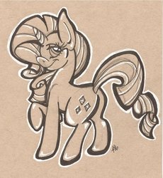 Size: 600x652 | Tagged: safe, artist:foxypickles, rarity, pony, unicorn, g4, butt, female, monochrome, plot, raised hoof, rearity, simple background, smiling, solo, traditional art